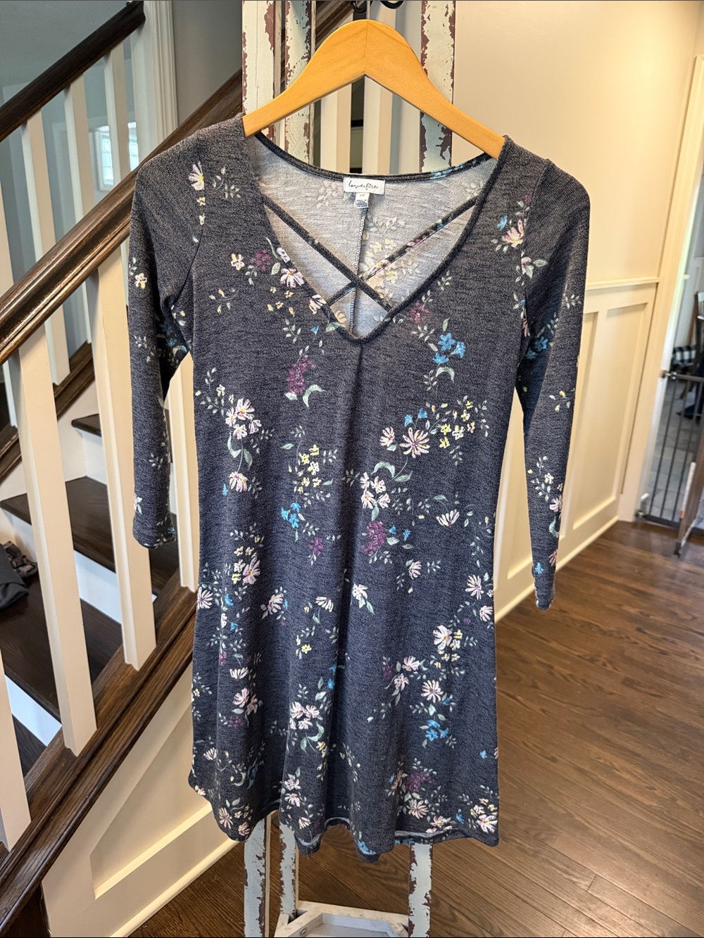 Love Fire Charcoal Floral Crisscross Neck Tunic Dress